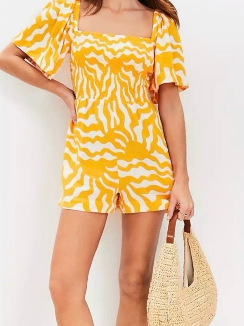 🆕 Loft Beach Short Sleeve Mustard and White Smocked Romper